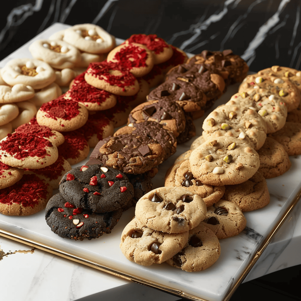 Cookie Platter $6/PP Assorted Cookies, 2 per person Chocolate Chip Cookie butter Pistachio white chocolate Snikerdoodle Oatmeal Raisin Red Velvet Coconut